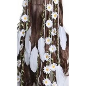 NWT handmade adjustable headband with daisies feathers beads and roping.